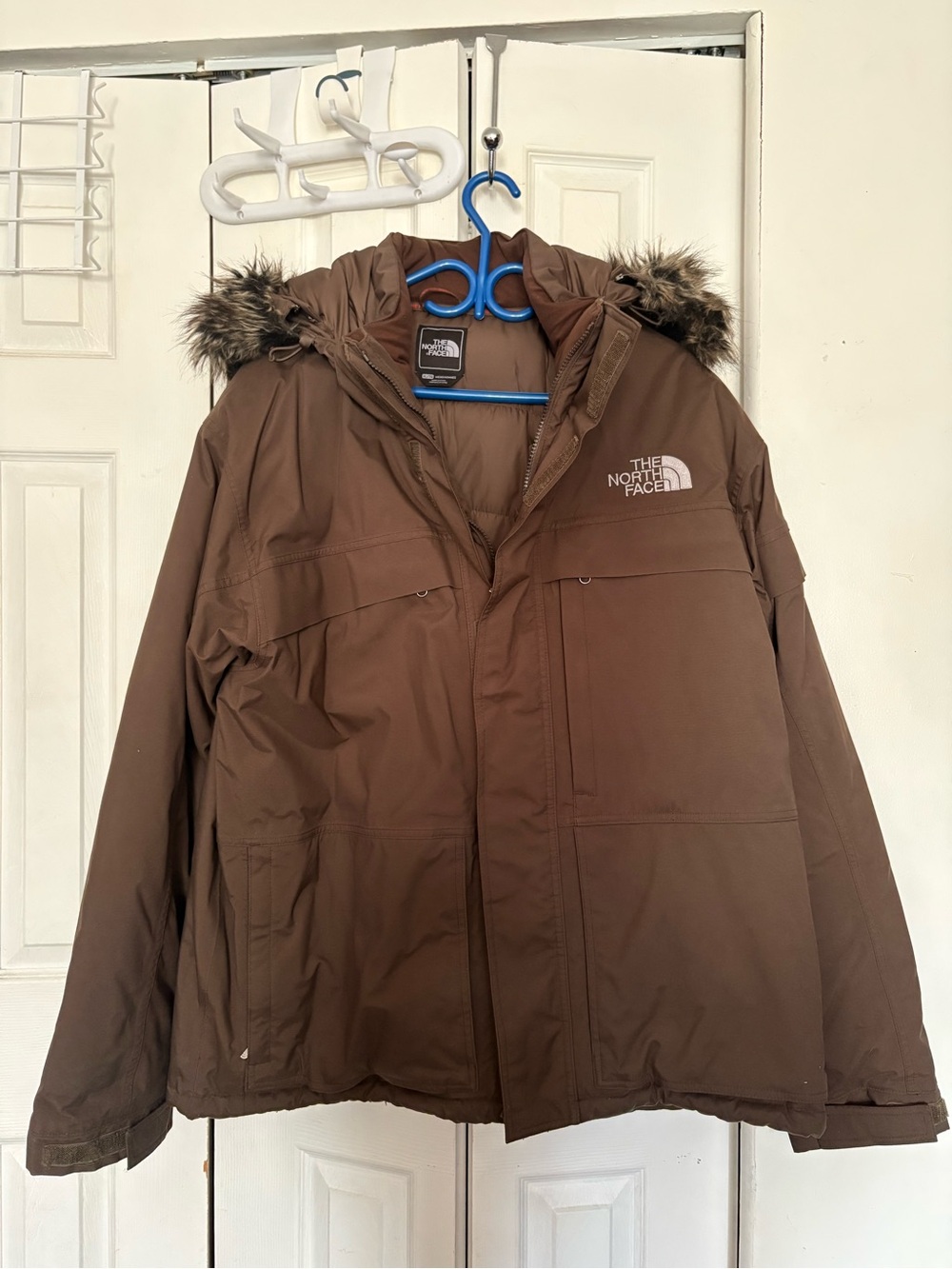 The North Face Men's Brown Hooded Puffer with Faux Fur Trim